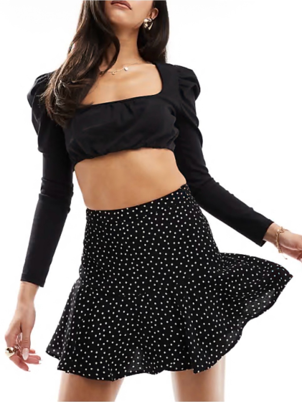 stradivarius Black Mini Skirt with White Polka Dots